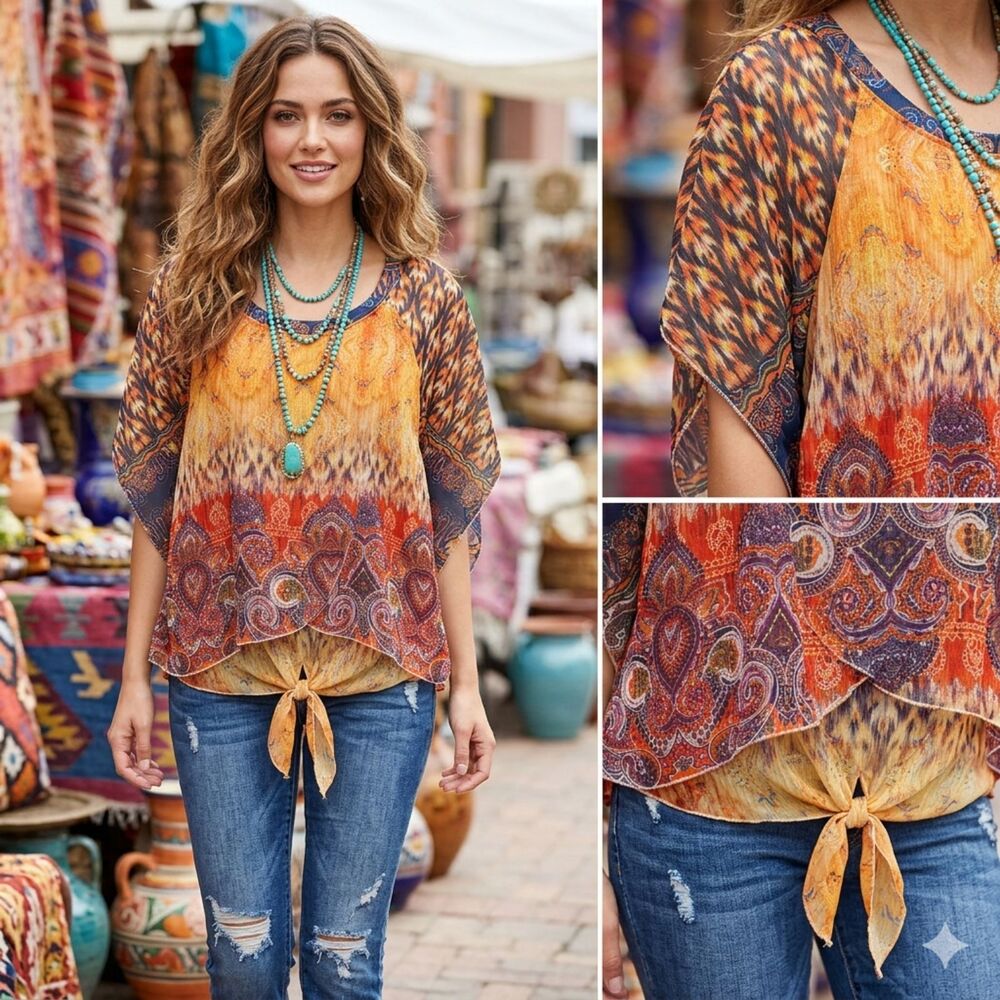 Energe World Wear Bohemian Tiered Tie-Front Top Size L